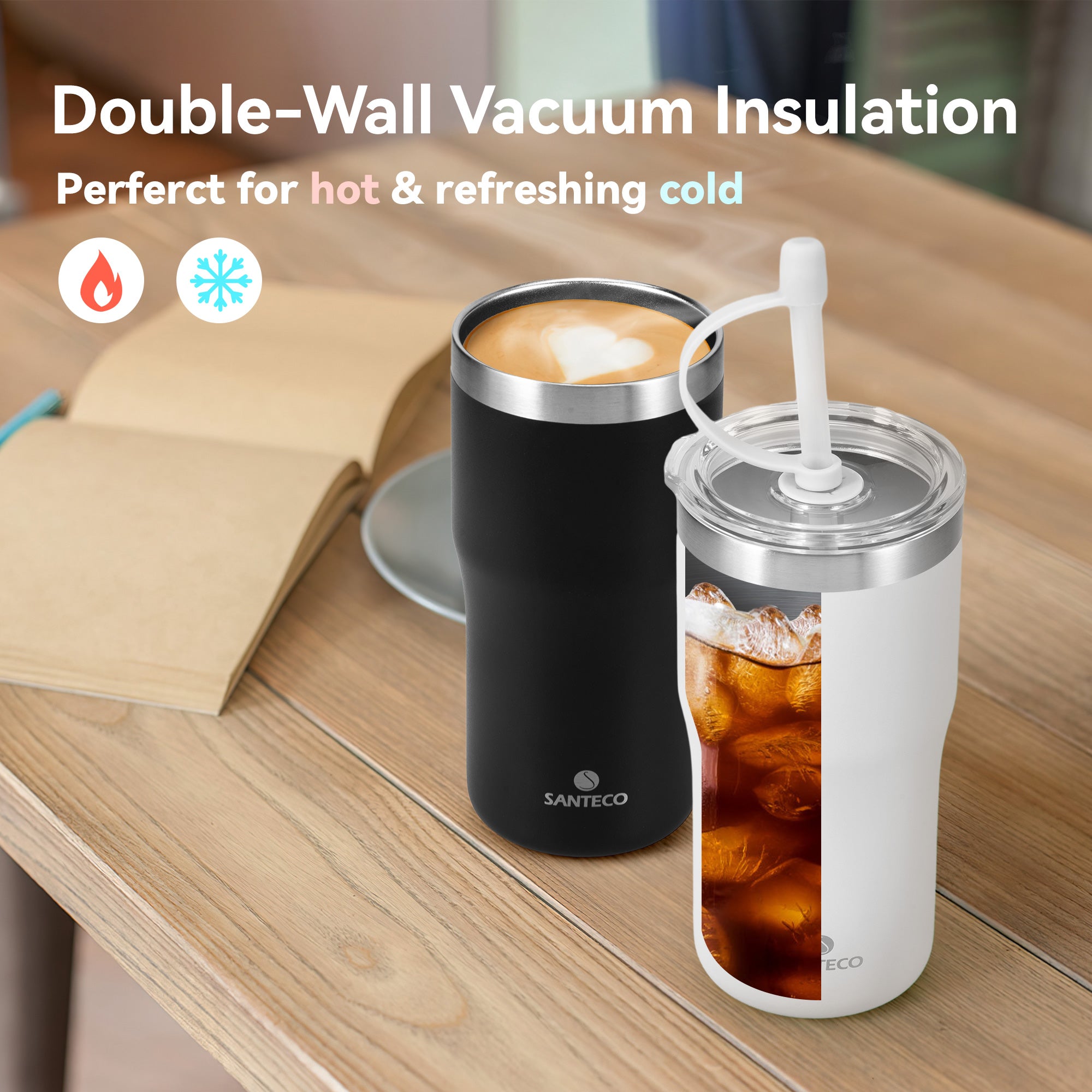 SANTECO Trosa 17oz Insulated Tumbler with Lid and Straw, Iced Coffee Cup Reusable Travel Mug 18/8 Stainless Steel Water Bottle,Double Wall Vacuum Drinking Bottle - White