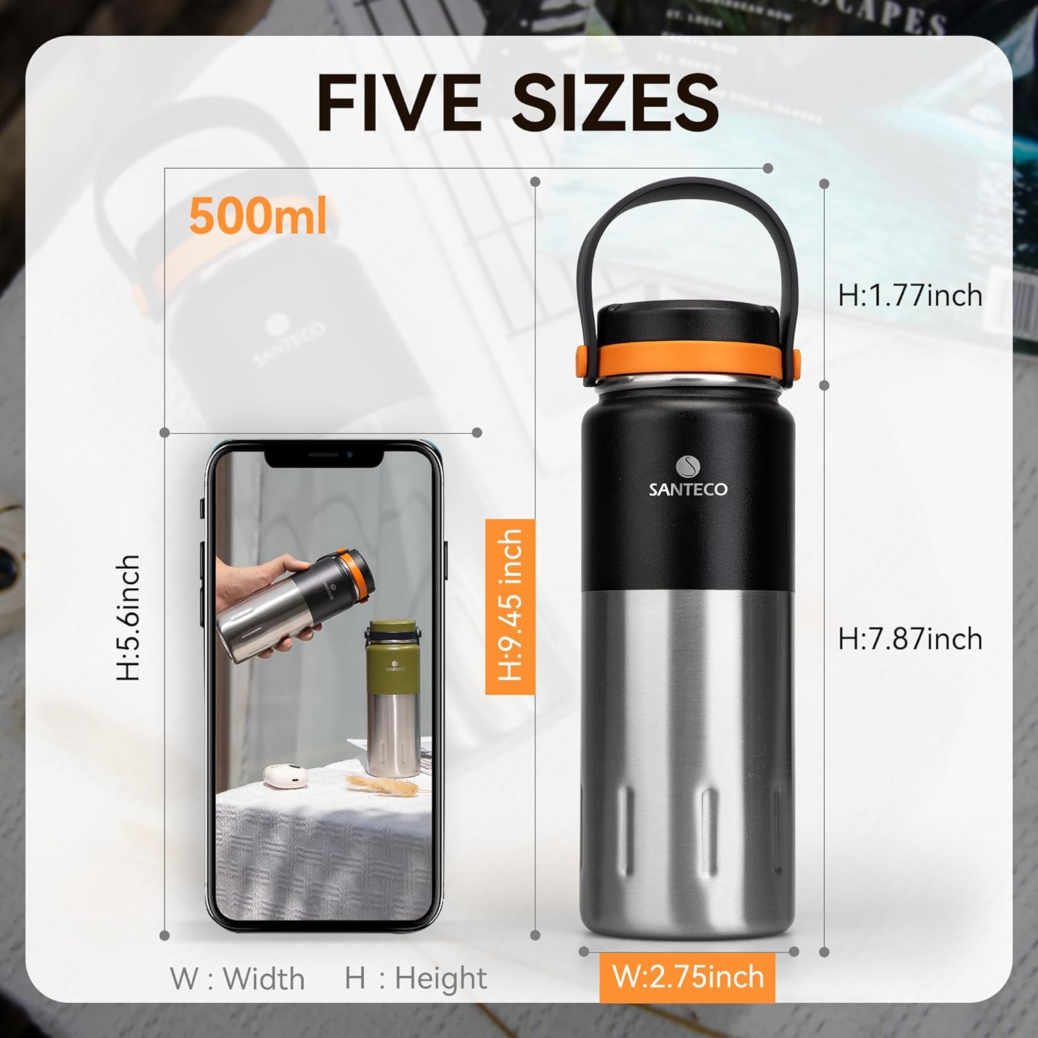 SANTECO KOYA 17oz Insulated Water Bottle with Handle, Stainless Steel Sports Water Bottles, Wide Mouth Leak-Proof Double Wall Travel Mug Cold & Hot Water Cup for GYM, Riding, Camping, School