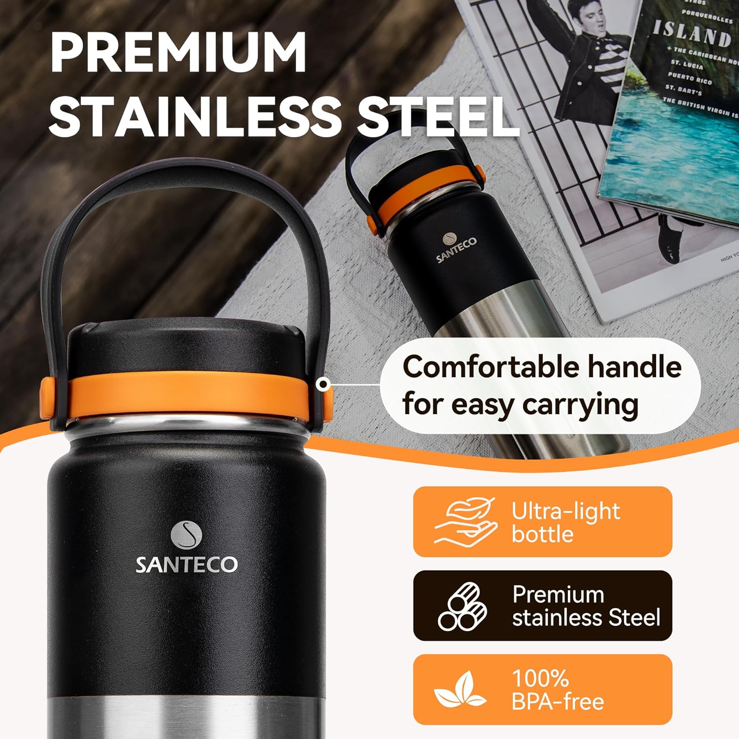 SANTECO KOYA 17oz Insulated Water Bottle with Handle, Stainless Steel Sports Water Bottles, Wide Mouth Leak-Proof Double Wall Travel Mug Cold & Hot Water Cup for GYM, Riding, Camping, School