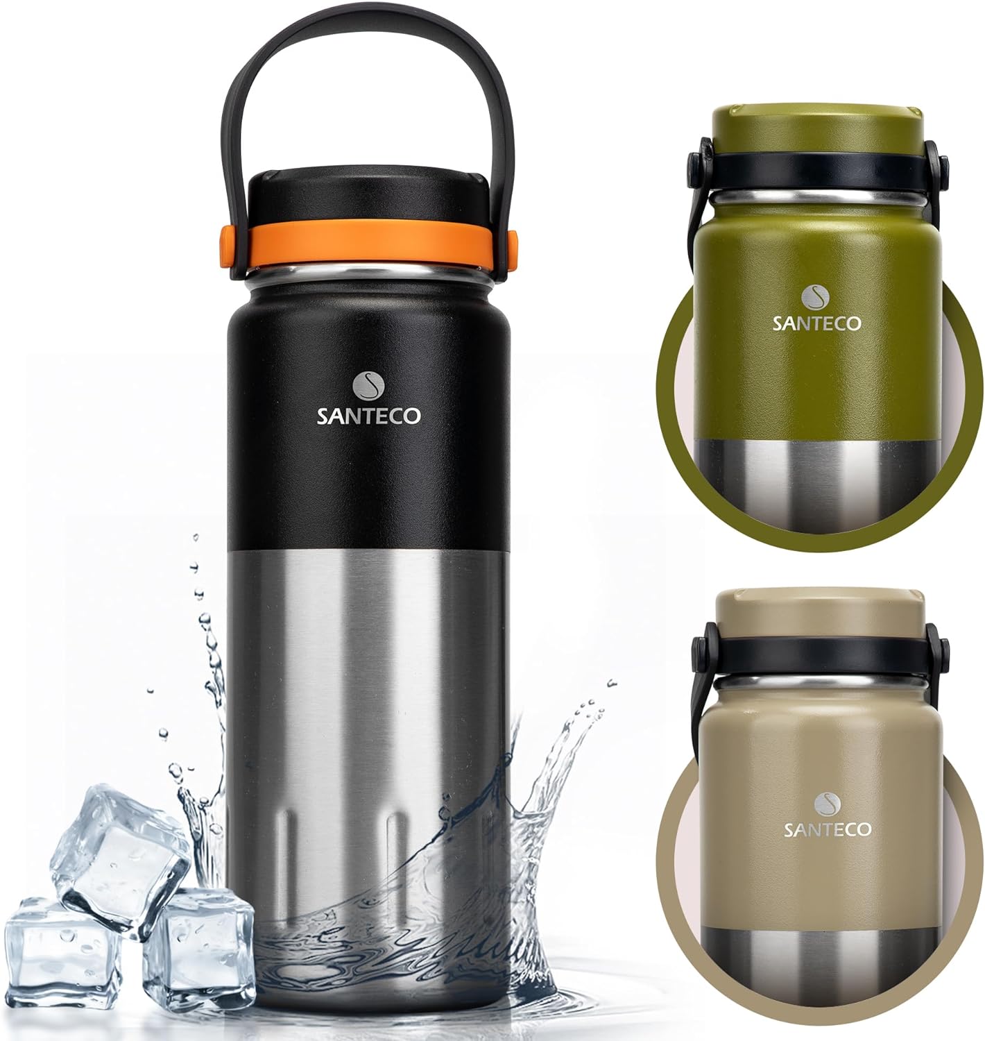 SANTECO KOYA 17oz Insulated Water Bottle with Handle, Stainless Steel Sports Water Bottles, Wide Mouth Leak-Proof Double Wall Travel Mug Cold & Hot Water Cup for GYM, Riding, Camping, School