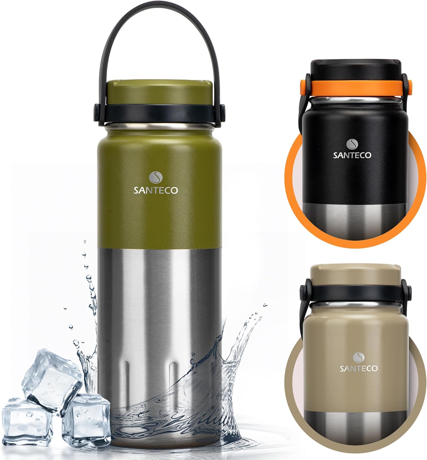 SANTECO KOYA 17oz Insulated Water Bottle with Handle, Stainless Steel Sports Water Bottles, Wide Mouth Leak-Proof Double Wall Travel Mug Cold & Hot Water Cup for GYM, Riding, Camping, School