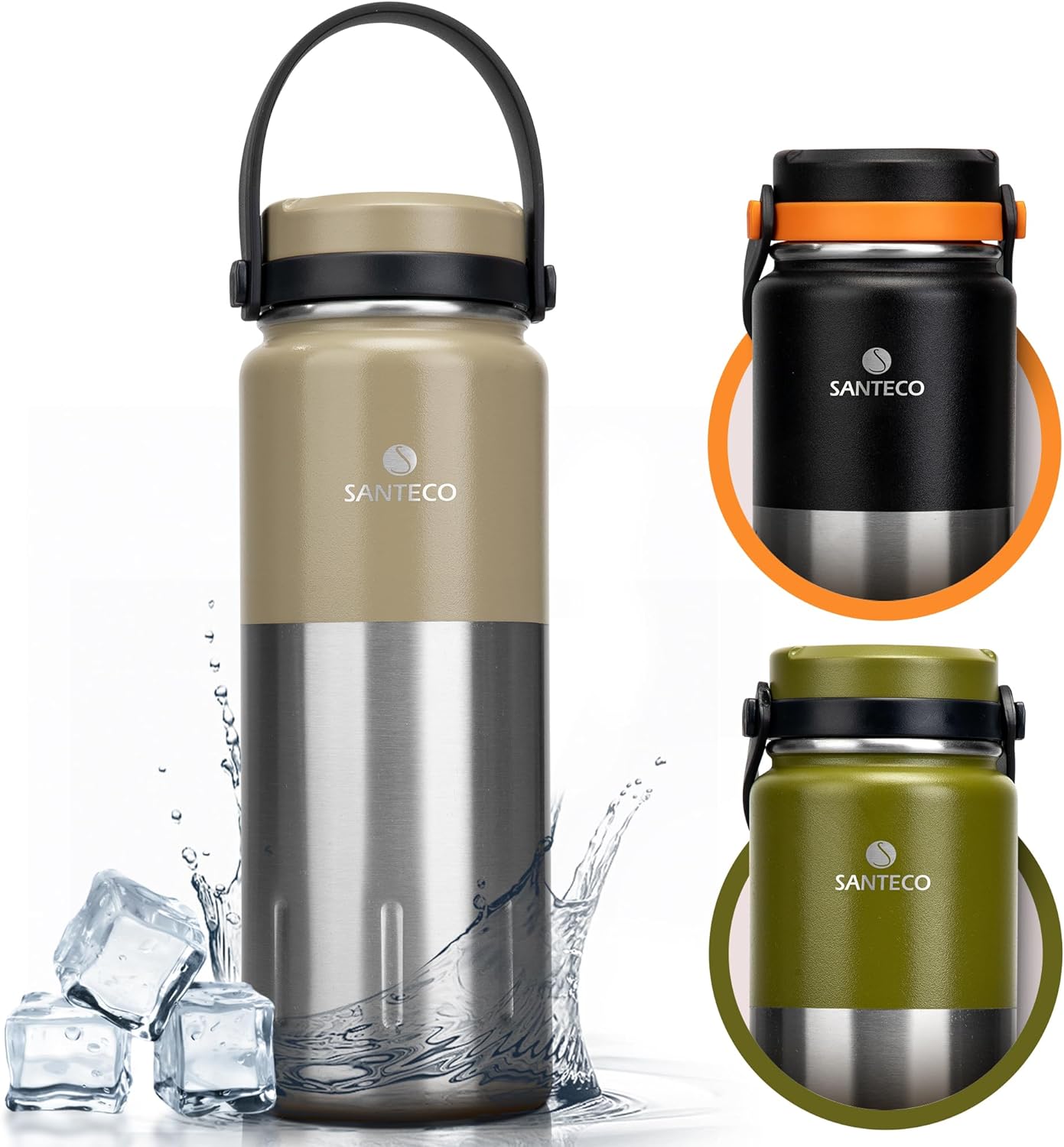 SANTECO KOYA 17oz Insulated Water Bottle with Handle, Stainless Steel Sports Water Bottles, Wide Mouth Leak-Proof Double Wall Travel Mug Cold & Hot Water Cup for GYM, Riding, Camping, School